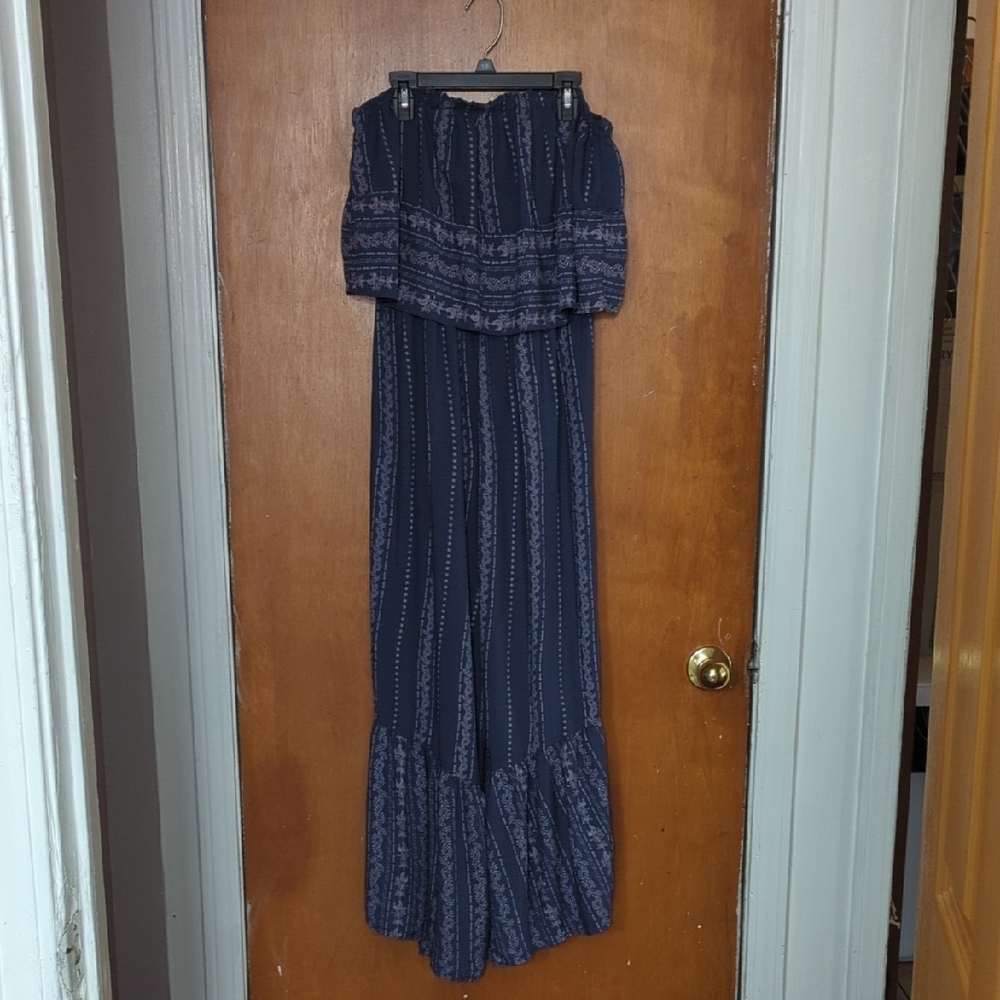 Japna Blue and Cream Ruffled Jumpsuit with Flowy Legs